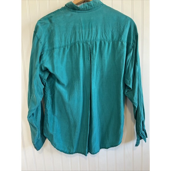 Basic first issue long sleeve shirt VTG women's teal oversized Small 100% Silk - Picture 6 of 9